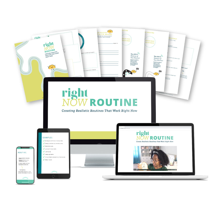 Right Now Routine available  on desktop, tablet, iphone, and laptop. Behind the desktop, you will see the Right Now Routine Worksheets.